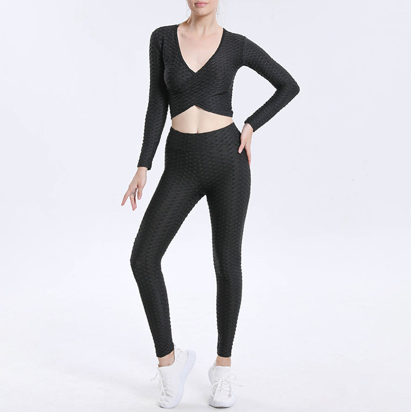 Bubble Jacquard Sexy Cross Long Sleeve Top High Waist Yoga Suit