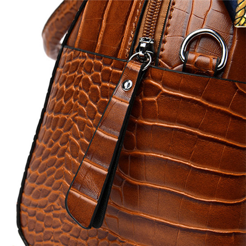 Elegant Crocodile Pattern Boston Bag Handbag With Silk Scarf For Party and Work