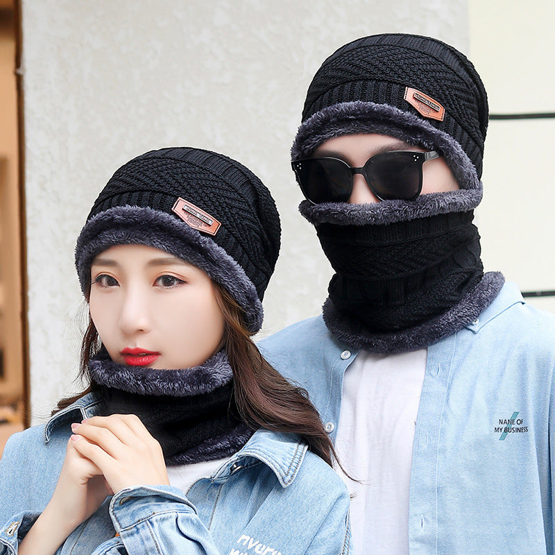 Casual Jacquard Plush Warm Knitted Hat Neck Sleeve Set