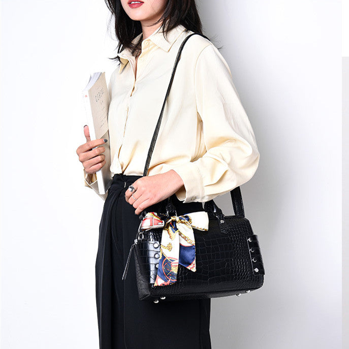 Elegant Crocodile Pattern Boston Bag Handbag With Silk Scarf For Party and Work