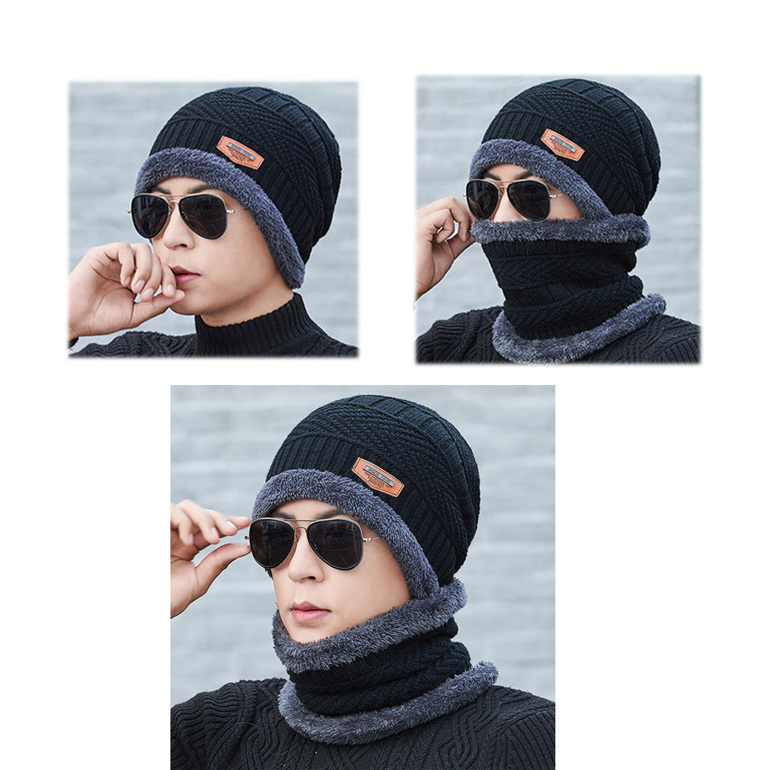 Men Winter Knitted Hat Two-Piece Suit With Scarf