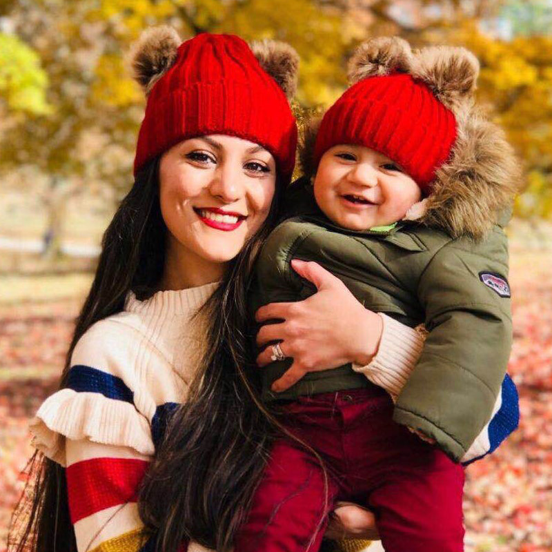 2PCS Fashion Parent-child Double Hairball Knitted Hat