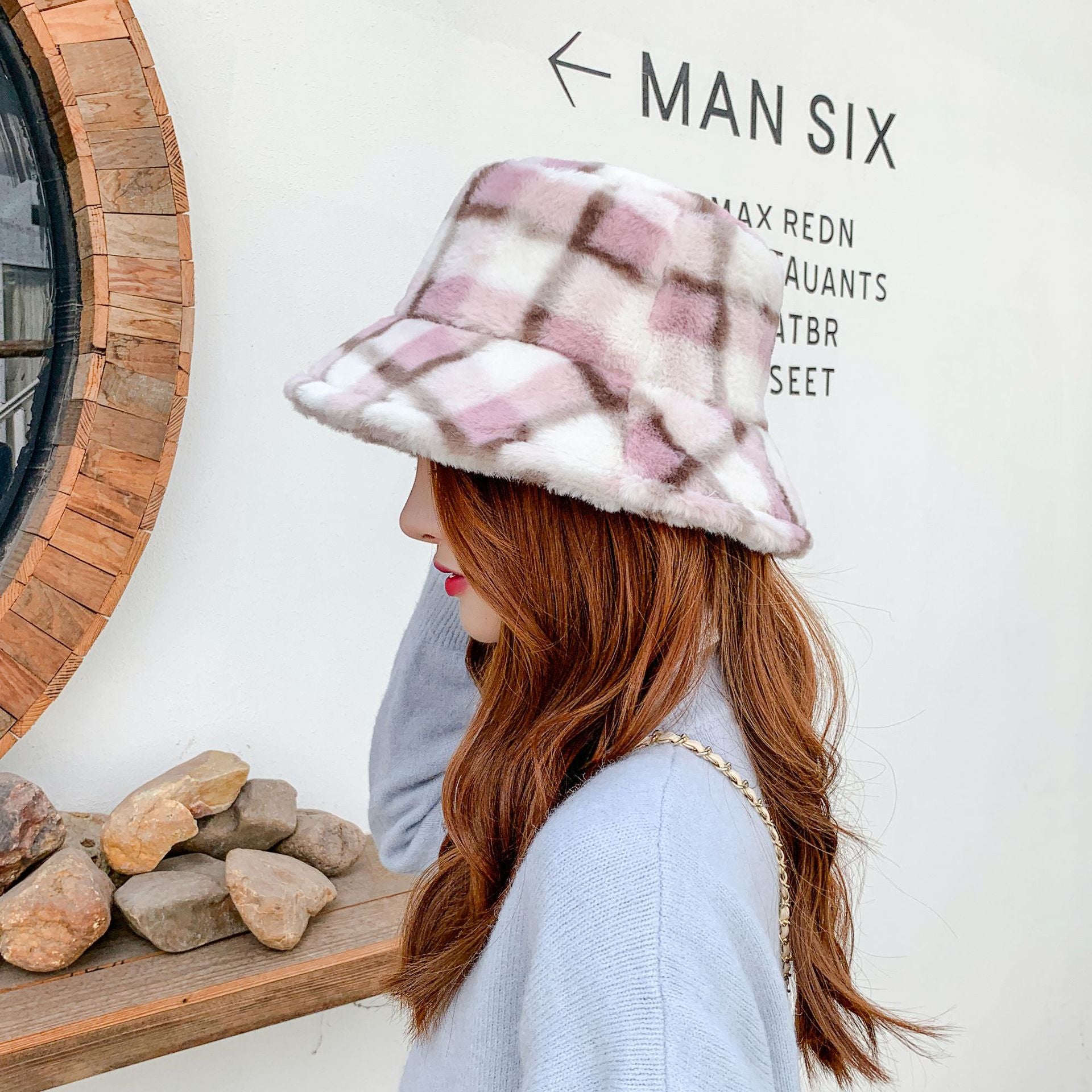 Fashion All-match Plaid Striped Plush Basin Hat