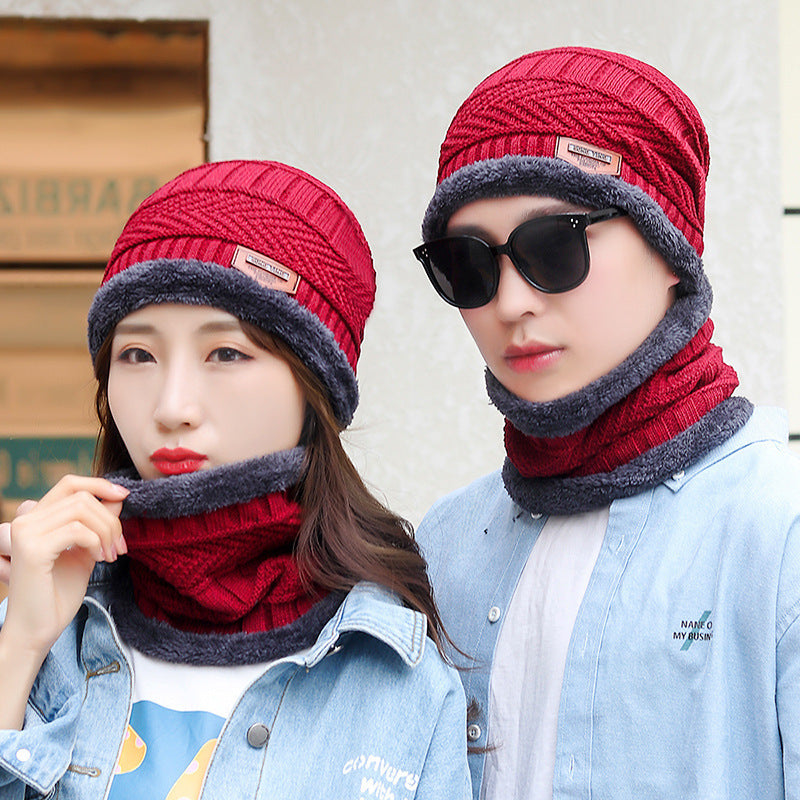 Casual Jacquard Plush Warm Knitted Hat Neck Sleeve Set