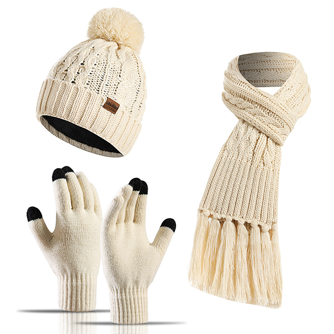 Solid Color Windproof Knit Hat & Scarf & Gloves 3 in 1