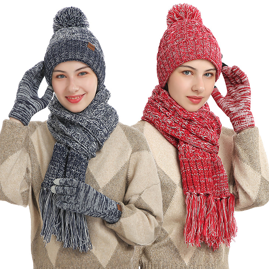 Solid Color Windproof Knit Hat & Scarf & Gloves 3 in 1