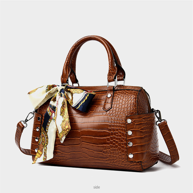 Elegant Crocodile Pattern Boston Bag Handbag With Silk Scarf For Party and Work