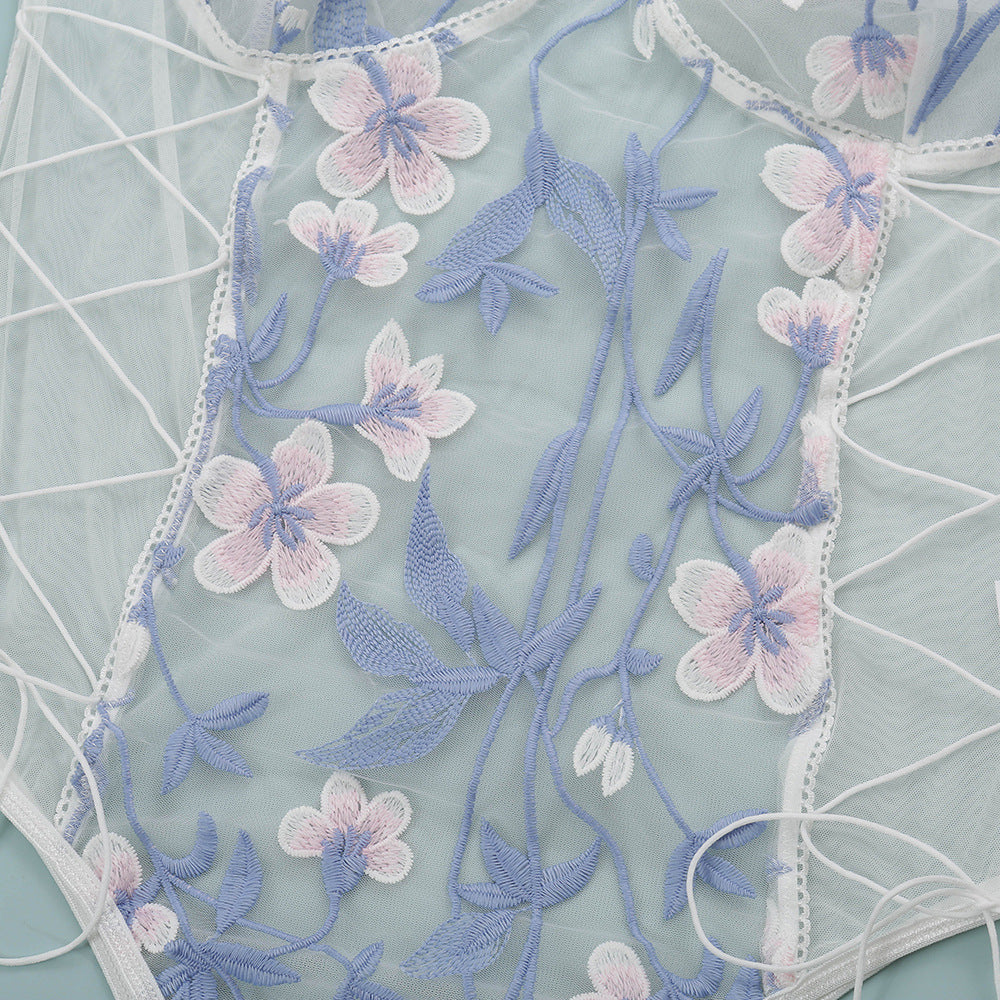 Sexy Lace Embroidered Tie Waist Bodysuit