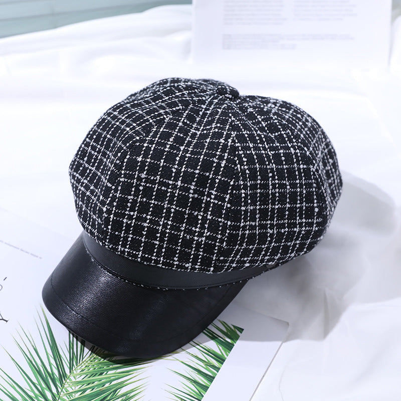 Striped Retro Plaid PU Stitching Cap