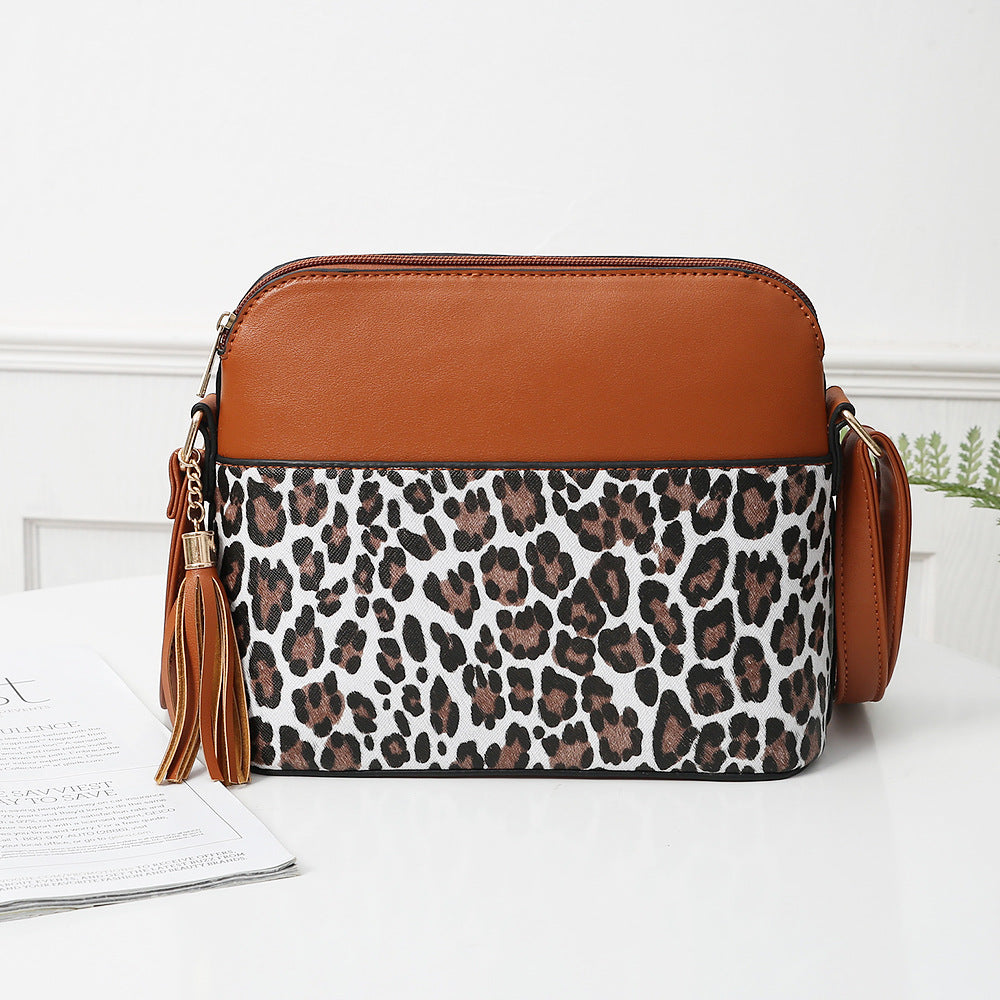 Leopard Print Contrast Stitching Shell Bag Shoulder Bag