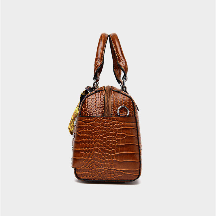 Elegant Crocodile Pattern Boston Bag Handbag With Silk Scarf For Party and Work