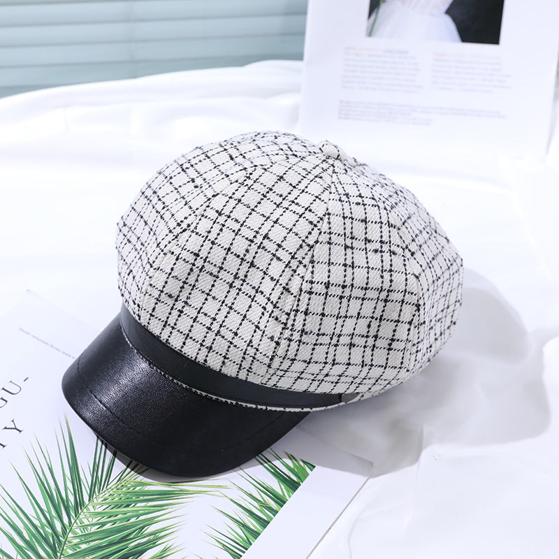 Striped Retro Plaid PU Stitching Cap