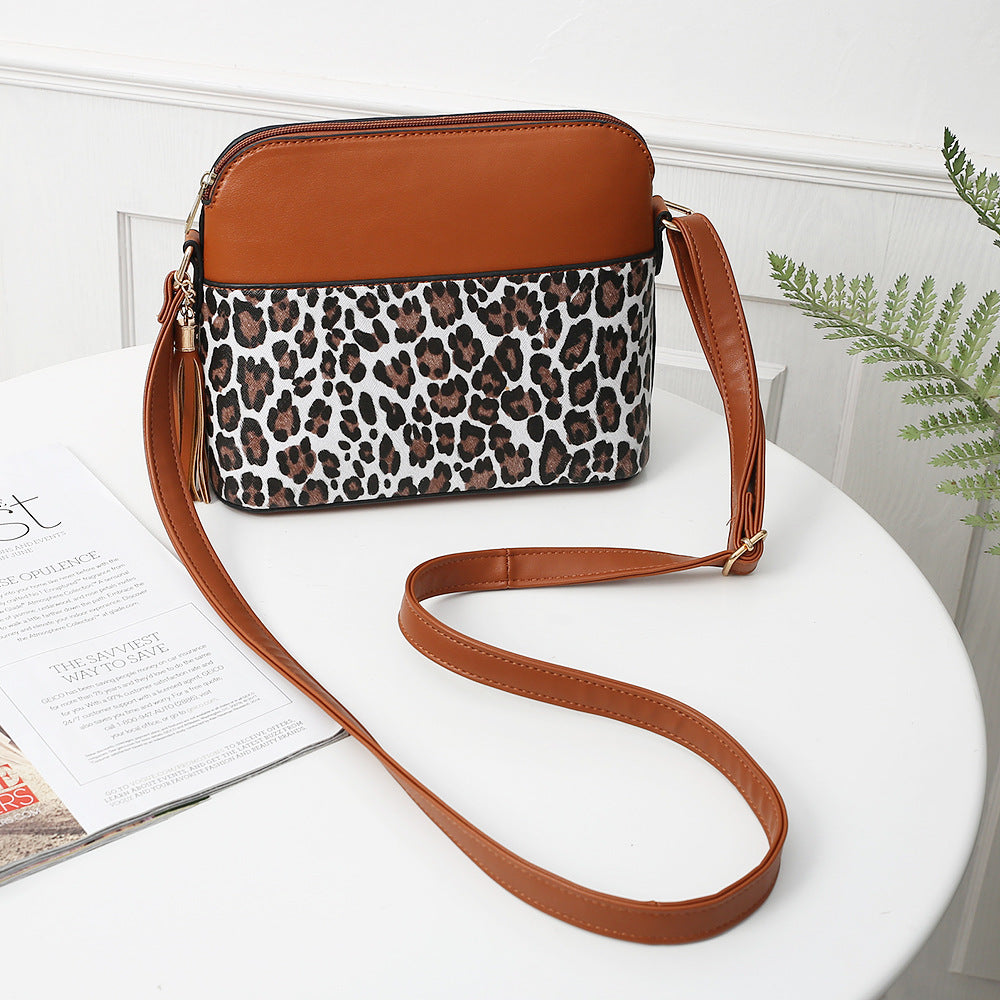 Leopard Print Contrast Stitching Shell Bag Shoulder Bag