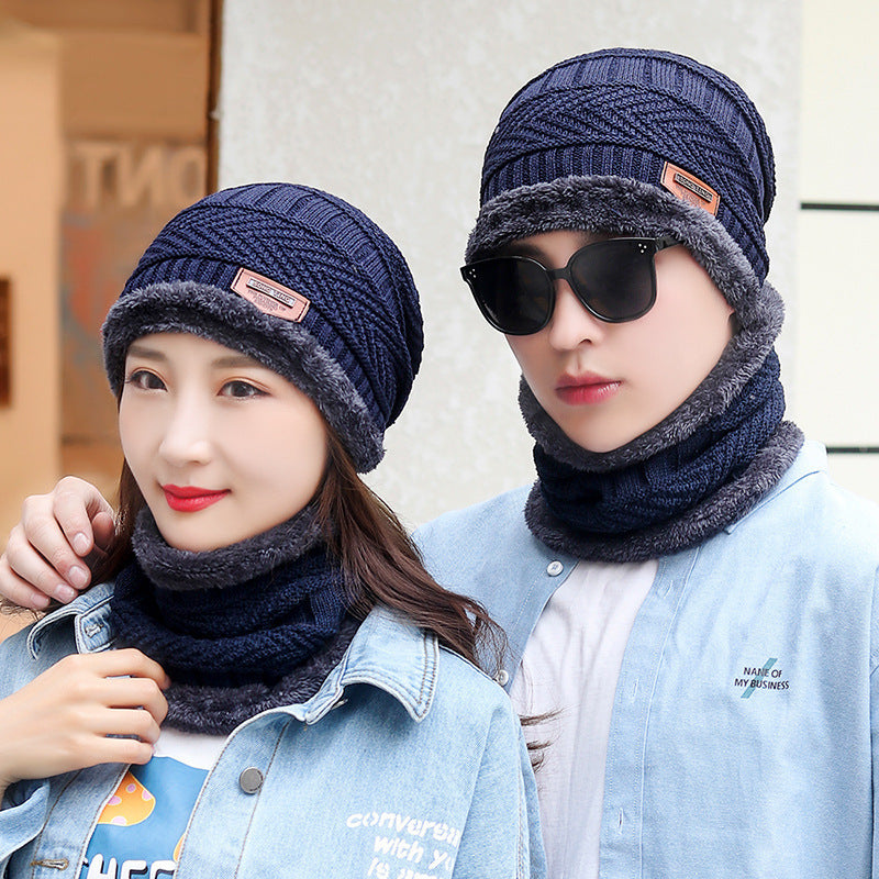 Casual Jacquard Plush Warm Knitted Hat Neck Sleeve Set