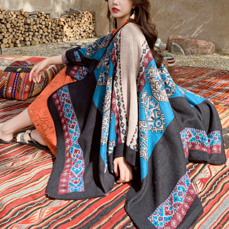 Women Faux Cashmere Cardigan Jacquard Bohemian Shawl