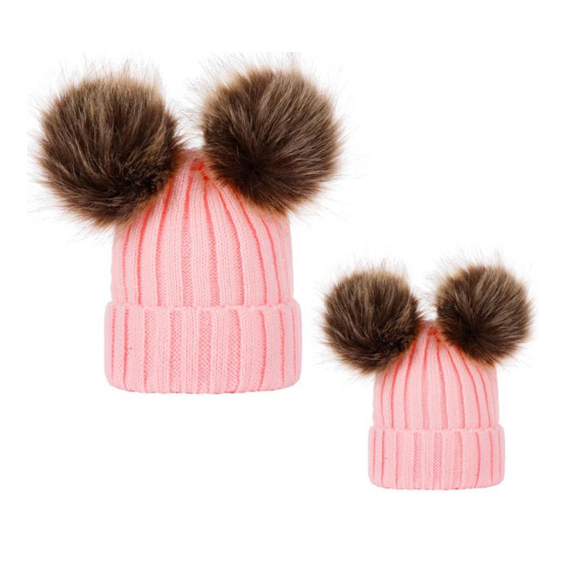 2PCS Fashion Parent-child Double Hairball Knitted Hat