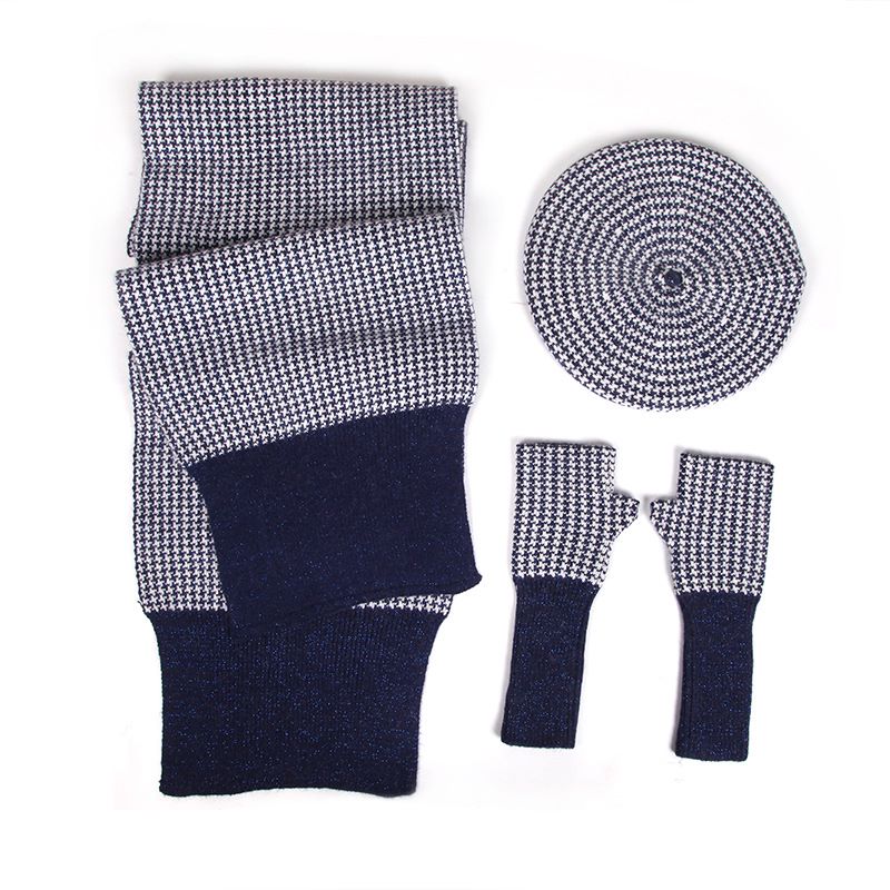 Three-piece Knitted Plaid Hat Gloves Scarf