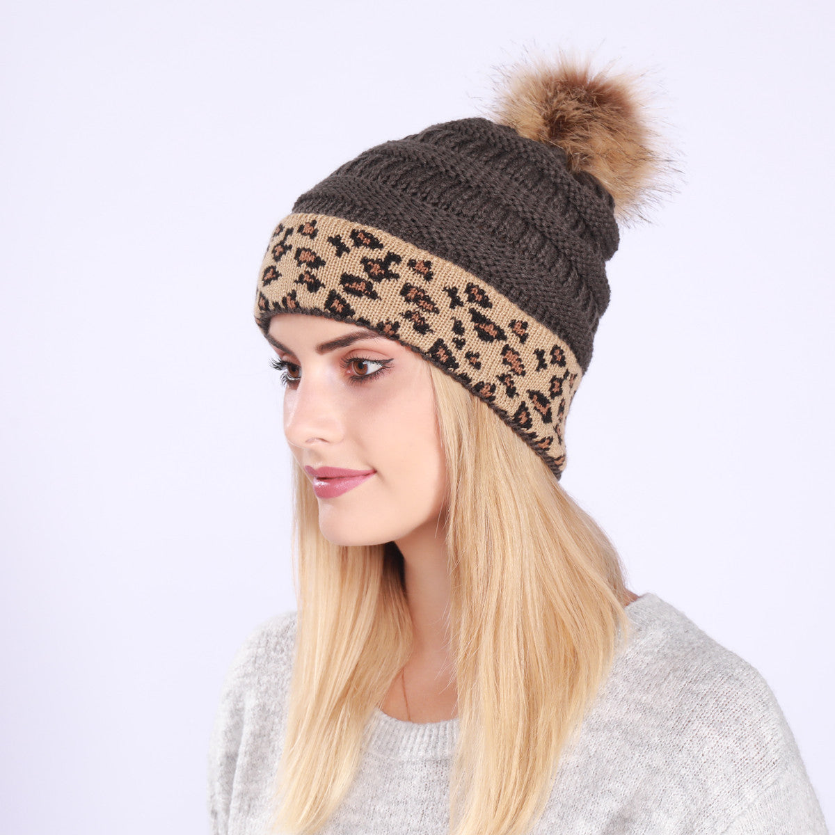 Leopard-print Curled Knitted Pile Hat with Hairball