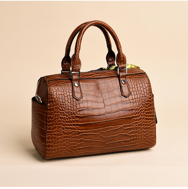 Elegant Crocodile Pattern Boston Bag Handbag With Silk Scarf For Party and Work