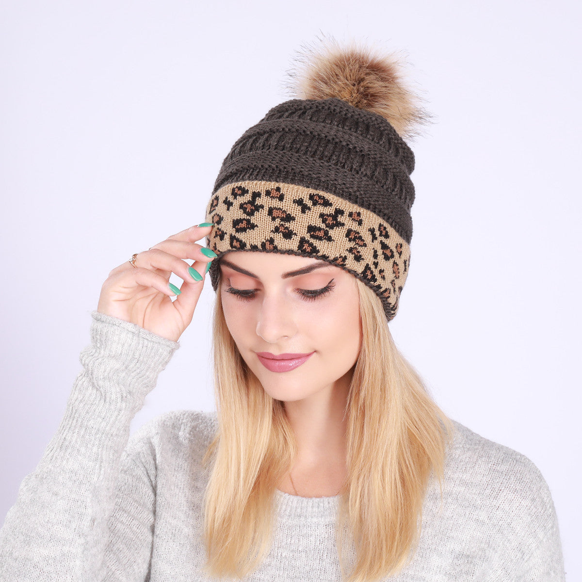 Leopard-print Curled Knitted Pile Hat with Hairball