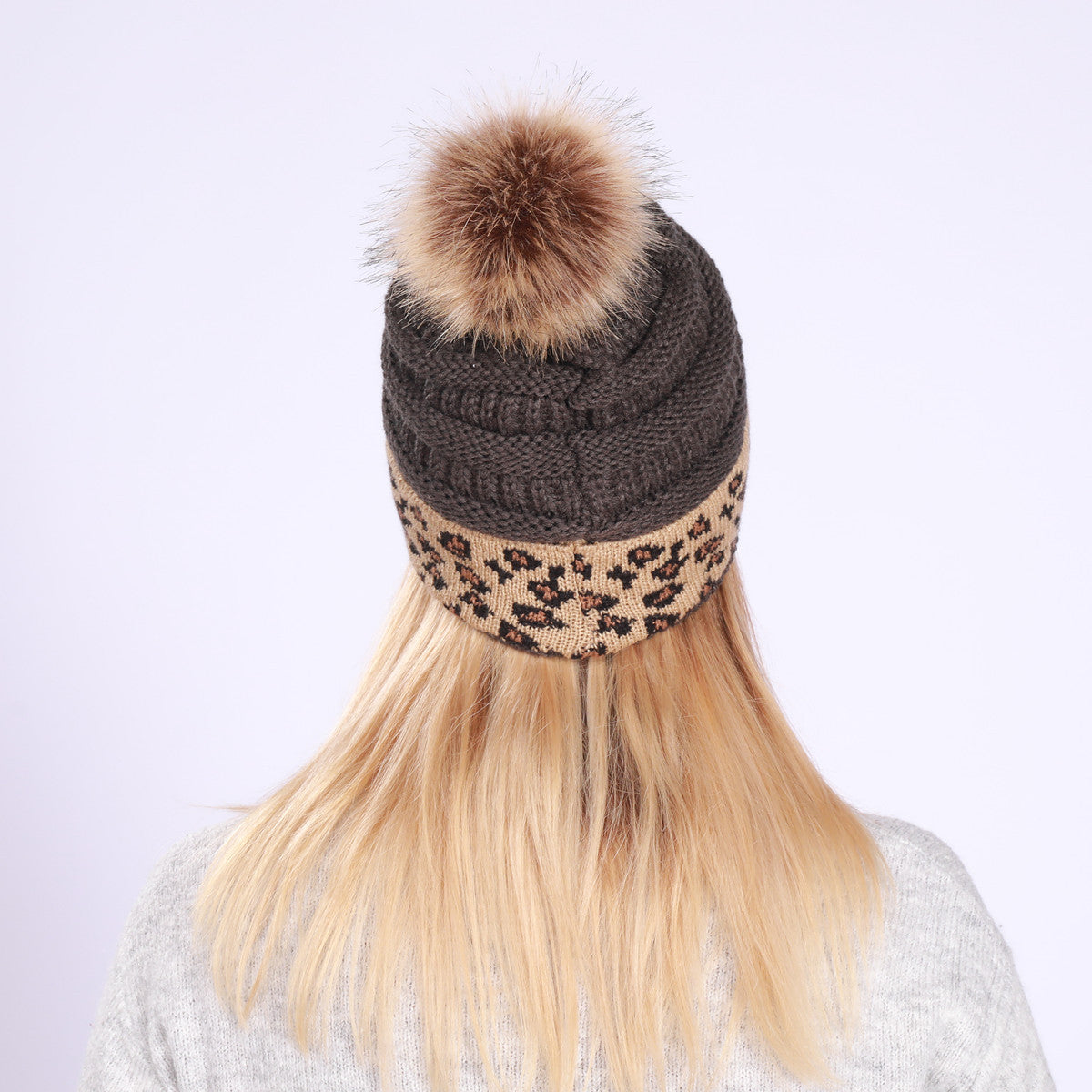 Leopard-print Curled Knitted Pile Hat with Hairball