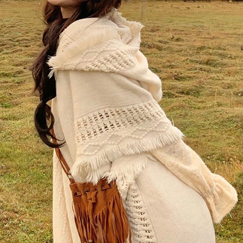 Hollow Tassel Knitted Hooded Cloak Shawl Sweater