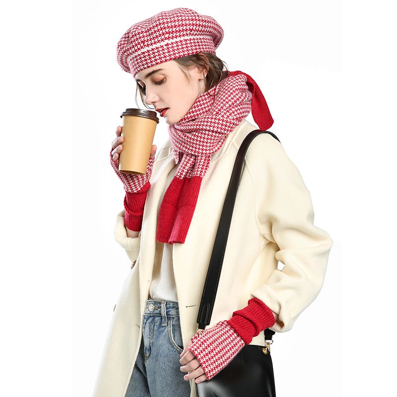 Three-piece Knitted Plaid Hat Gloves Scarf