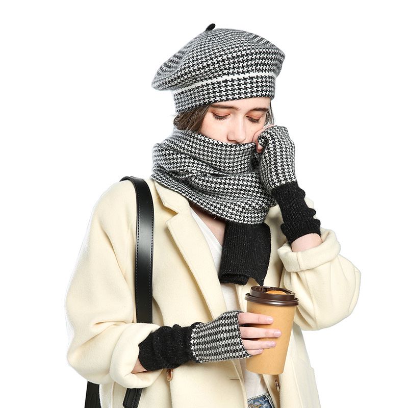 Three-piece Knitted Plaid Hat Gloves Scarf