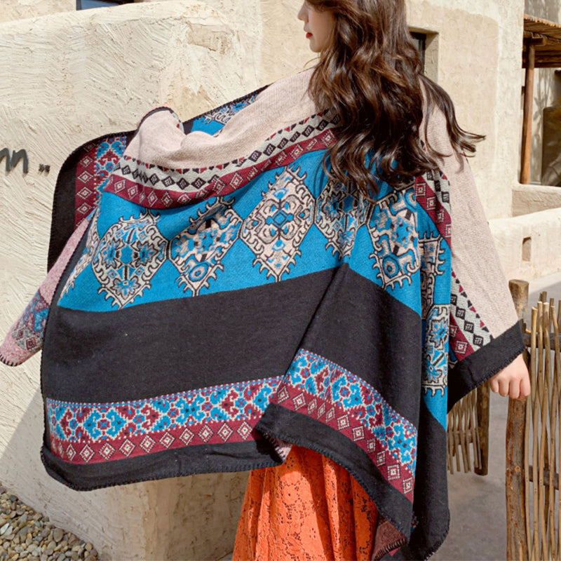 Women Faux Cashmere Cardigan Jacquard Bohemian Shawl