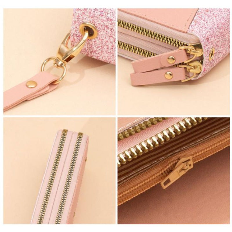Fashion Double Zipper Sequins Soft Leather Wallet