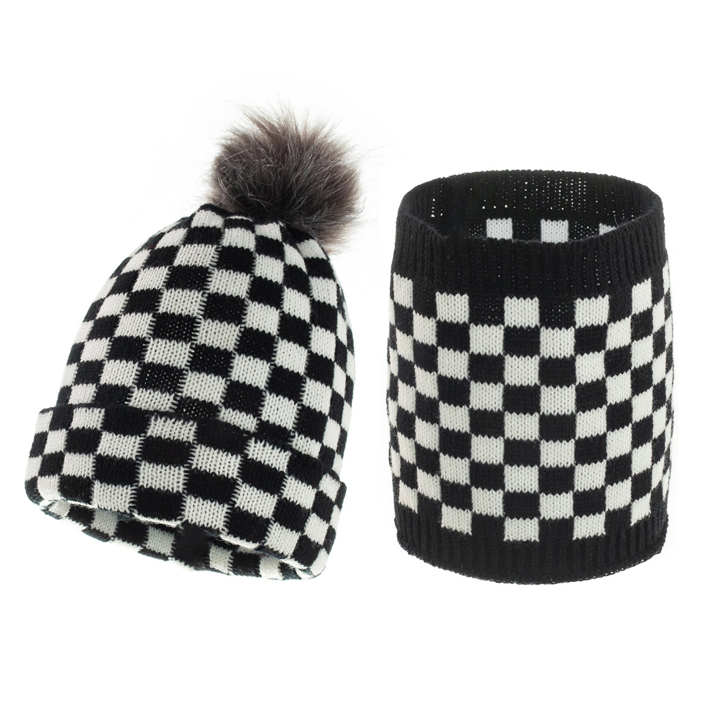 2PCS Parent-child Plaid Knitted Hat Scarf Set