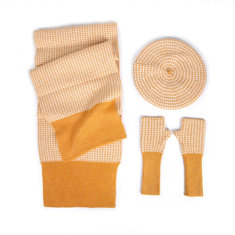 Three-piece Knitted Plaid Hat Gloves Scarf