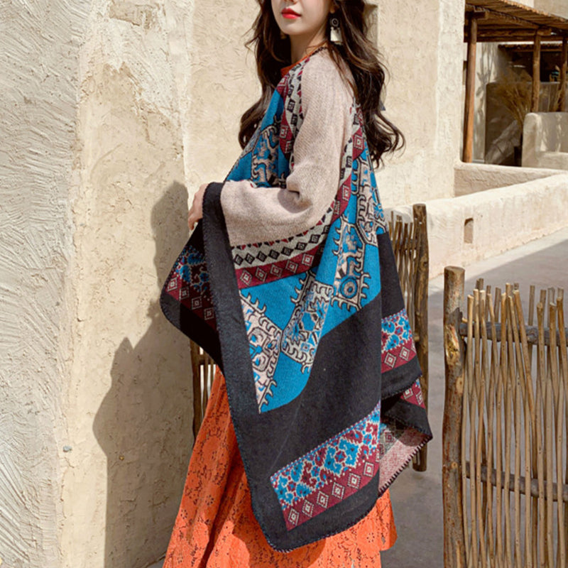 Women Faux Cashmere Cardigan Jacquard Bohemian Shawl