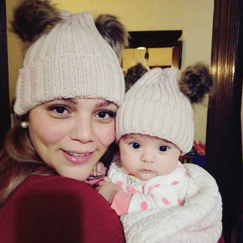 2PCS Fashion Parent-child Double Hairball Knitted Hat
