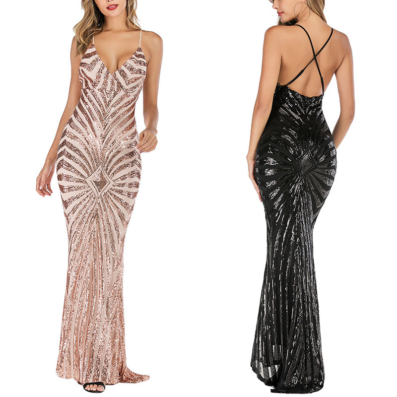 Sexy V-Neck Backless Sequin Evening Dress For Party