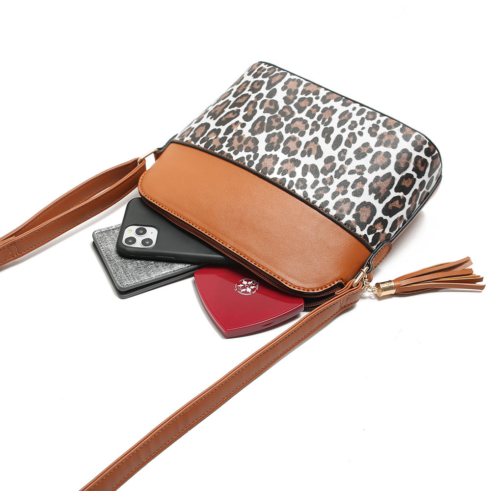 Leopard Print Contrast Stitching Shell Bag Shoulder Bag