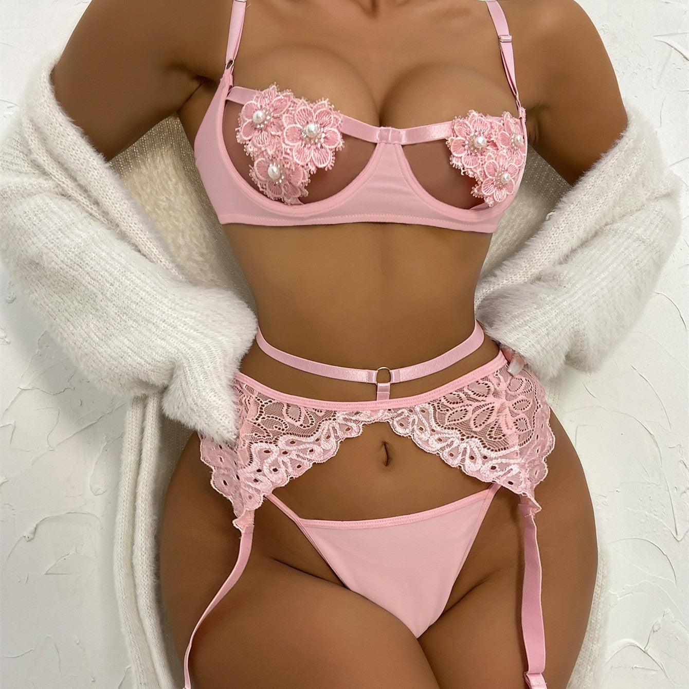 Lace Flower Hollow Out Sexy Split Underwear Three Piece Set