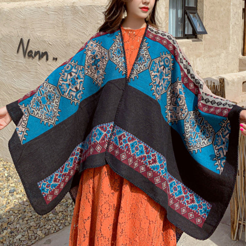 Women Faux Cashmere Cardigan Jacquard Bohemian Shawl