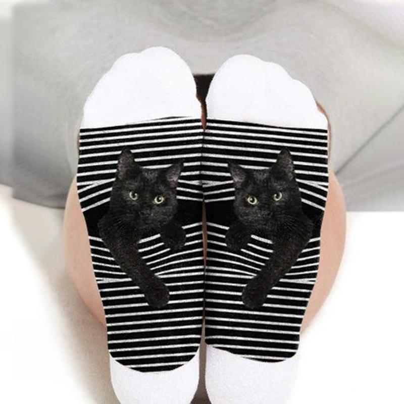 One-Size Cute Ninja Blackie Cat Printed Cotton Socks