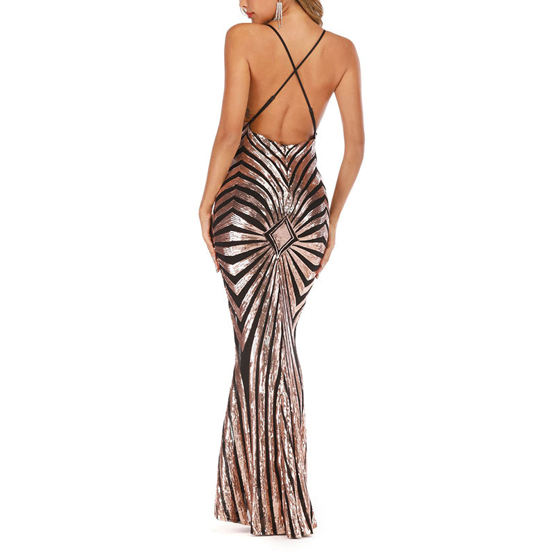 Sexy V-Neck Backless Sequin Evening Dress For Party