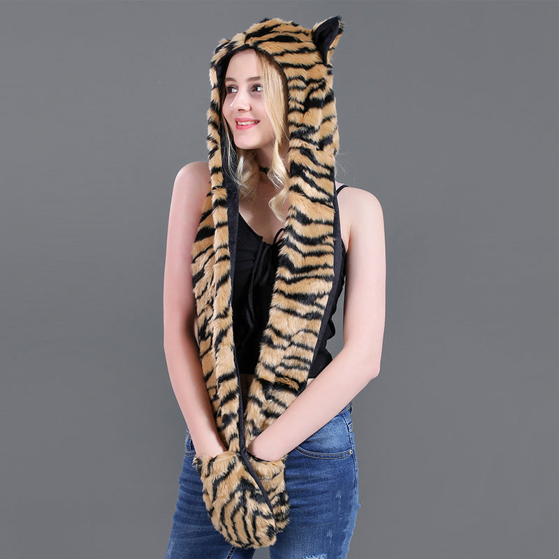 Winter Imitation Fur Hat Cartoon animal Hat Scarf Gloves 3in1