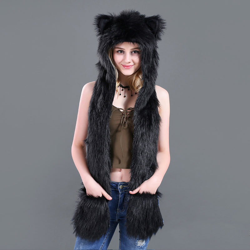 Winter Imitation Fur Hat Cartoon animal Hat Scarf Gloves 3in1