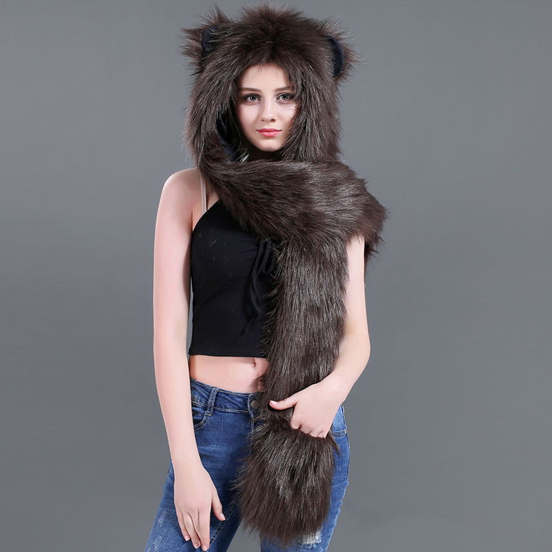 Winter Imitation Fur Hat Cartoon animal Hat Scarf Gloves 3in1