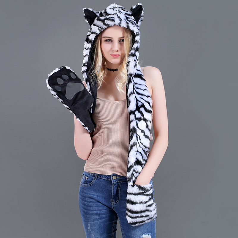Winter Imitation Fur Hat Cartoon animal Hat Scarf Gloves 3in1