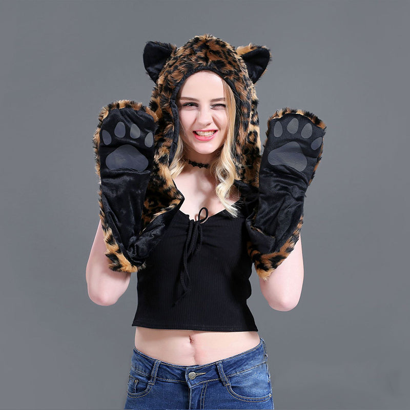 Winter Imitation Fur Hat Cartoon animal Hat Scarf Gloves 3in1