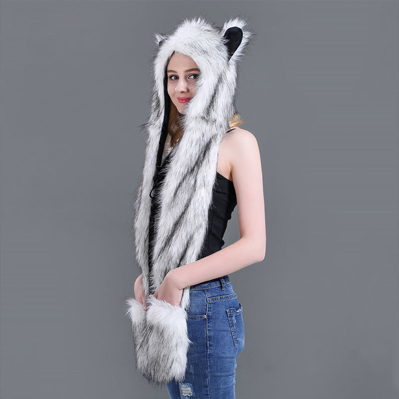 Winter Imitation Fur Hat Cartoon animal Hat Scarf Gloves 3in1