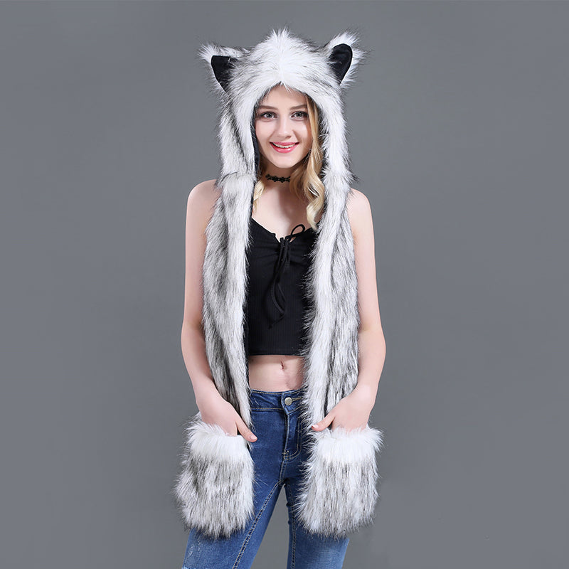 Winter Imitation Fur Hat Cartoon animal Hat Scarf Gloves 3in1