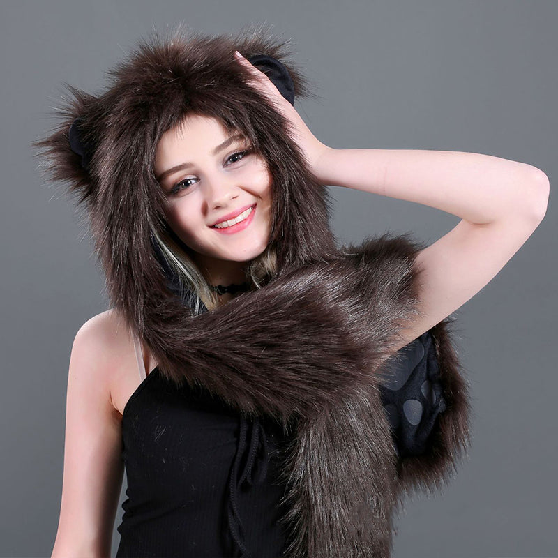 Winter Imitation Fur Hat Cartoon animal Hat Scarf Gloves 3in1