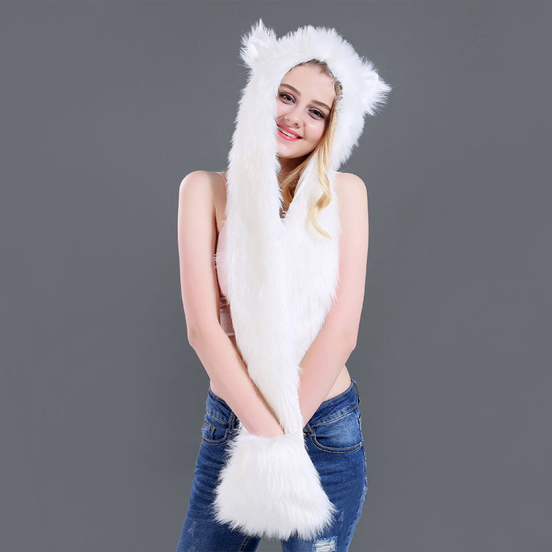 Winter Imitation Fur Hat Cartoon animal Hat Scarf Gloves 3in1
