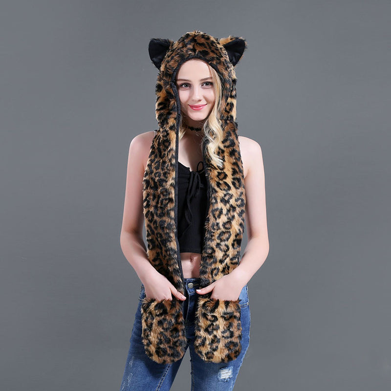 Winter Imitation Fur Hat Cartoon animal Hat Scarf Gloves 3in1